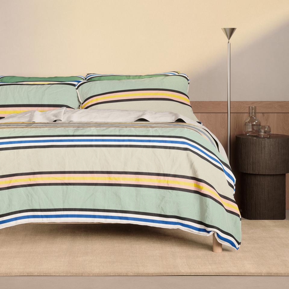 Bayley Multi Stripe Washed Percale Quilt Cover Set in deep sea